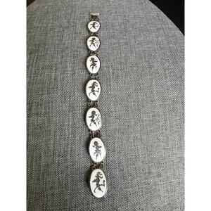 Vintage Sterling Silver .925 Siam Thailand Bracelet 1930s White Enamel Panel